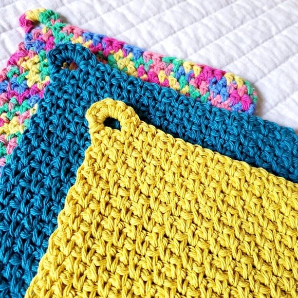 3 Crochet DISHCLOTH WASHCLOTH 100% Cotton Handmade Rainbow Teal Mustard - Picture 11 of 15